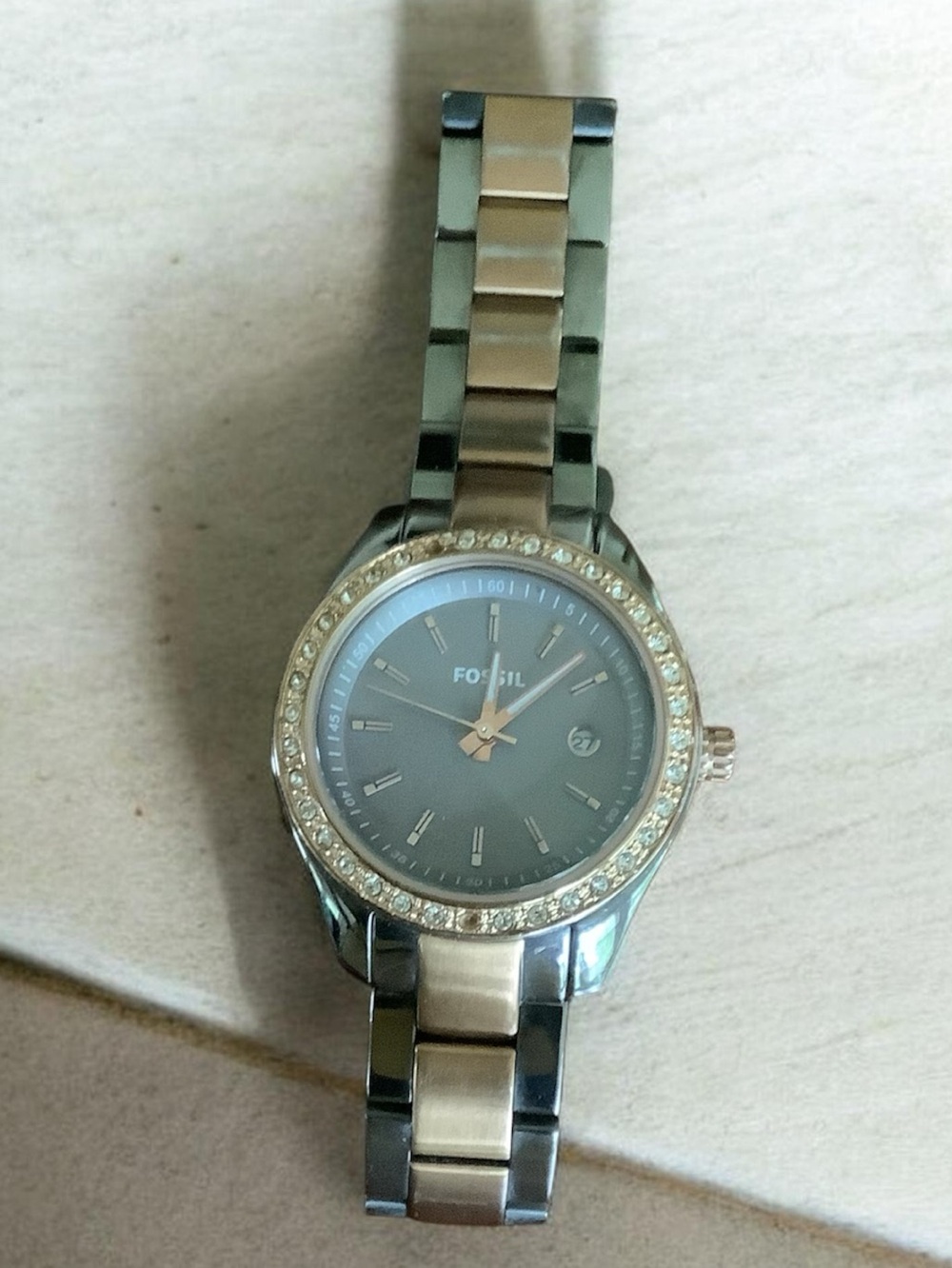 Fossil sTwo-Tone smoke and rose gold stainless steel Crystal Bezel Bracelet Watc